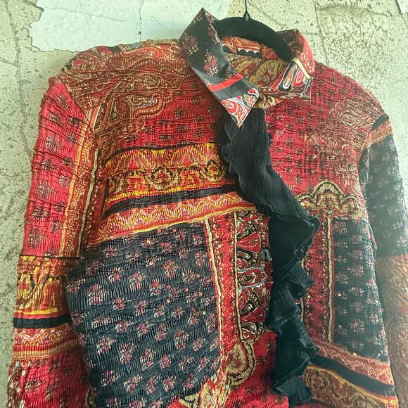 Vintage Ruffle Blouse Patchwork Crinkle Chiffon Ornate Baroque Glam Maximalist - Picture 2 of 6